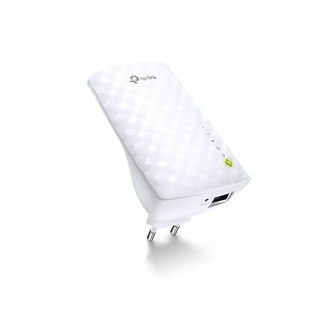 Répéteur Wi-Fi TP-Link blanc. Il a un motif à carreaux, des LED bleues et un bouton d'alimentation vert.