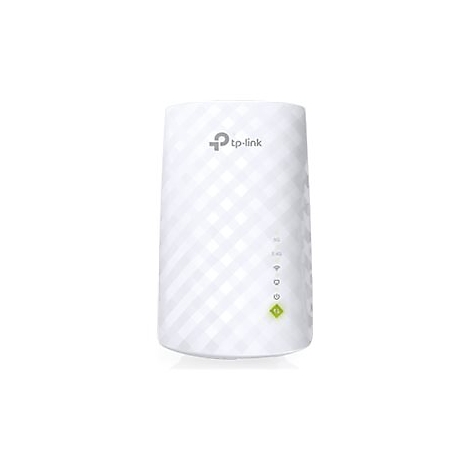 Weißer TP-Link WLAN-Repeater mit Logo und LED-Anzeigen, in Rautenmuster.