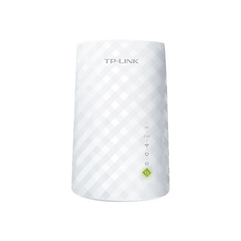 Weißer TP-Link WLAN-Repeater mit quadratischem Muster, Logos und Anzeigen.