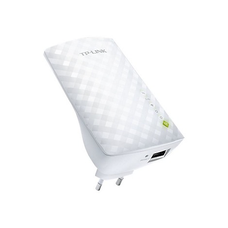 Weißer TP-Link WLAN-Repeater mit angestecktem Stecker. Oben steht TP-Link. An der Seite sind Kontrollleuchten.