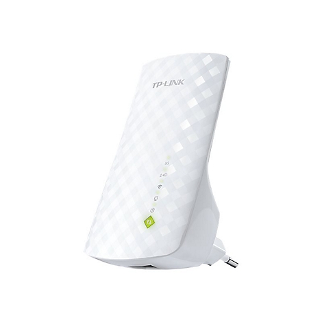 Weißer TP-Link WLAN-Repeater mit Stecker, leicht schräg dargestellt. Oben steht der Markenname, darunter grüne LEDs.