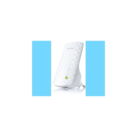 Weißer TP-Link WLAN-Repeater mit Stecker, diagonales Muster. Grüne LED-Anzeige.