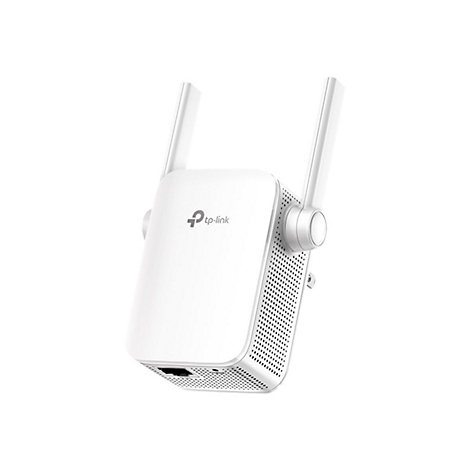 Ein weißer TP-Link WLAN-Repeater mit zwei Antennen. Das Gehäuse ist rechteckig mit perforierten Seiten. Das Logo TP-Link ist sichtbar.