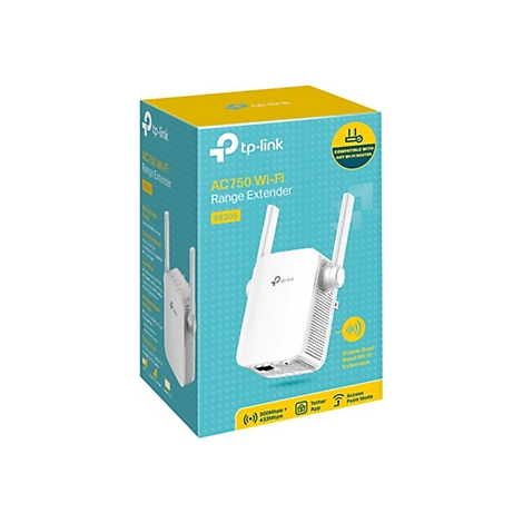 Produktverpackung eines TP-Link AC750 Wi-Fi Range Extender, weißes Gerät mit zwei externen Antennen.