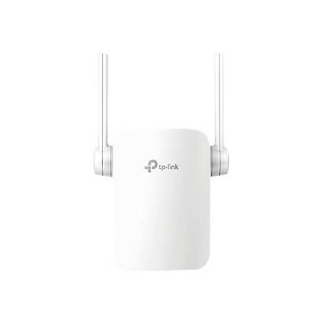 Ein weißer WLAN-Repeater mit zwei Antennen. Das Logo „tp-link“ ist auf der Vorderseite zu sehen.