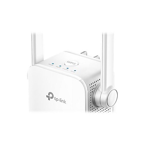 Nahaufnahme eines weißen WLAN-Repeaters mit Antennen. Oben: WPS-Taste und blaue LEDs. Unten: TP-Link-Logo.