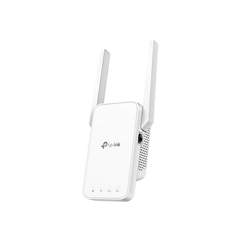 Weißer TP-Link WLAN-Repeater mit zwei Antennen und vier Status-LEDs auf weißem Grund.