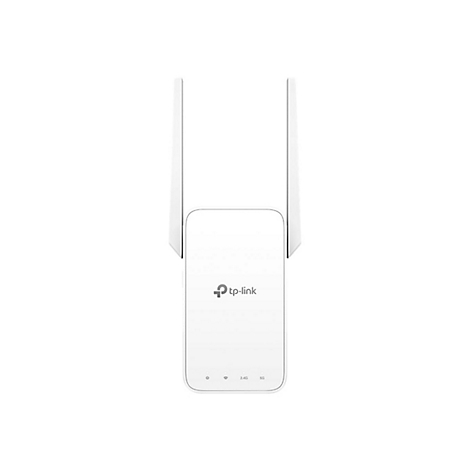 Weißer TP-Link WLAN-Repeater mit zwei senkrechten Antennen vor weißem Hintergrund.