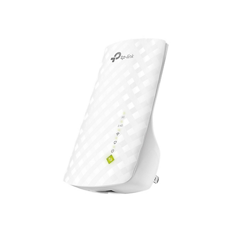 Weißer TP-Link WLAN-Repeater mit grünen LEDs. Das Gerät ist vor weißem Hintergrund abgebildet.