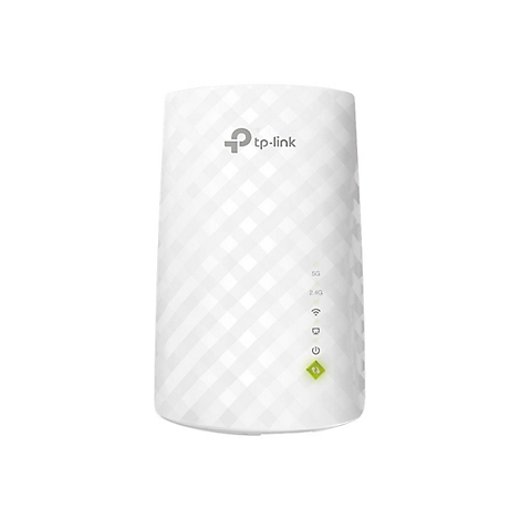 Weißer TP-Link WLAN-Repeater mit Logo und Indikatoren. Das Gehäuse ist mit einem sich wiederholenden geometrischen Muster versehen.