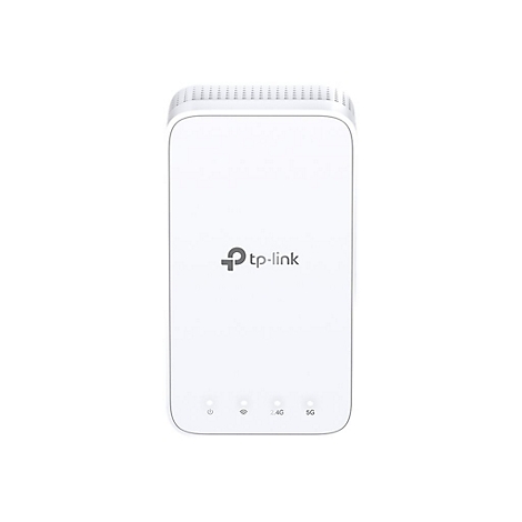 Weißes TP-Link-Gerät. Oben Logo, unten drei leuchtende Punkte mit Aufdrucken.