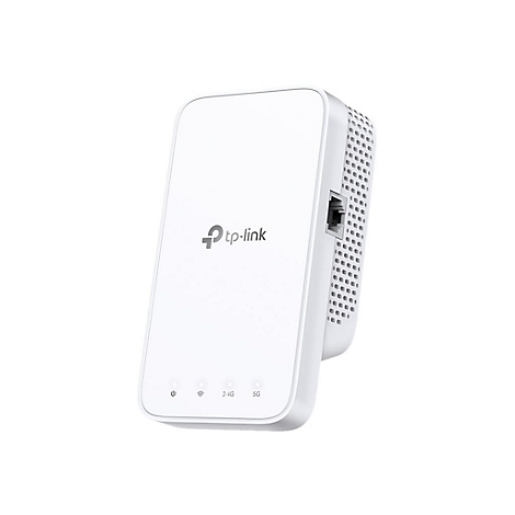 Weißer TP-Link WLAN-Repeater mit Logo und Indikatoren. Rückseite mit Perforierung und LAN-Anschluss. Auf weißem Hintergrund.
