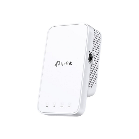 Weißer TP-Link WLAN-Repeater mit Logo und LED-Anzeigen, Detailansicht.