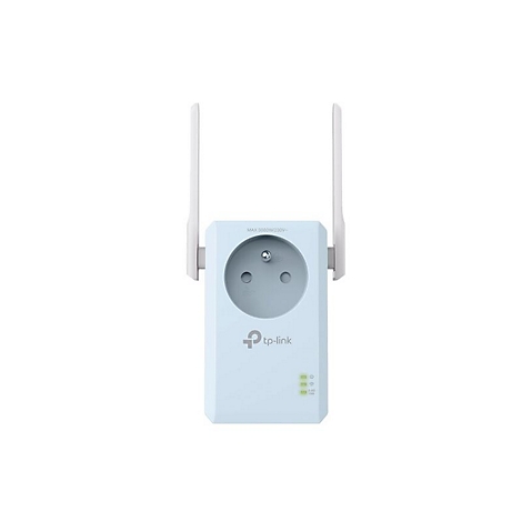 Weißer TP-Link WLAN-Repeater mit integrierter Steckdose und zwei seitlichen Antennen vor weißem Hintergrund.