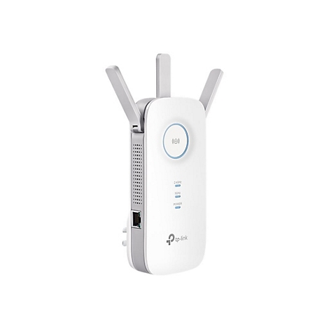 Weißer WLAN-Repeater mit drei Antennen, einem blauen Kreis und LED-Anzeigen.
