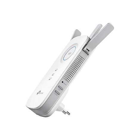 Weißer WLAN-Repeater mit ausklappbaren Antennen. Blaue LEDs und Tasten mit Schriftzügen: Power, LED, Reset.
