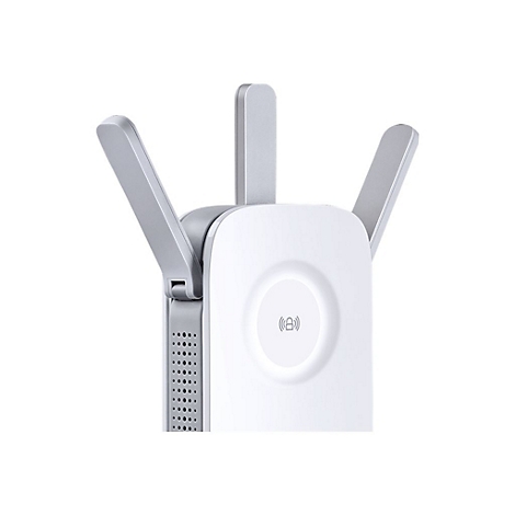 WLAN-Repeater, weißes Gerät mit drei Antennen, Symbol für drahtlose Verbindung.