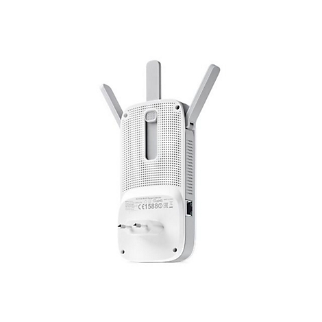 Weißer WLAN-Repeater mit drei Antennen, Stecker, Anschlüssen.