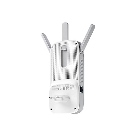 Weißer WLAN-Repeater mit drei Antennen, Steckdosenanschluss und Beschriftung.