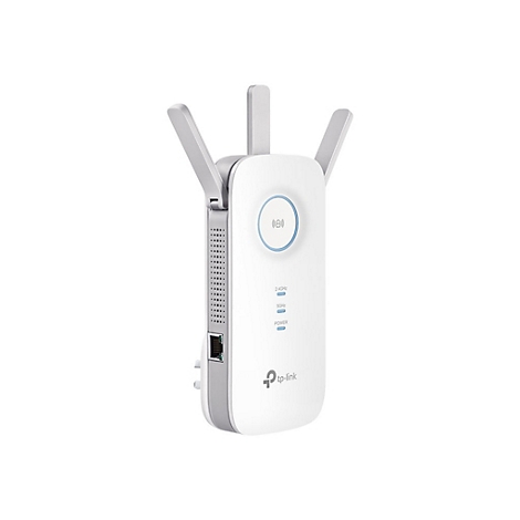 Weißer WLAN-Repeater mit drei Antennen, blauer Kreis, darunter Anzeigen für 2,4 GHz, 5 GHz und Power. Logo tp-link.