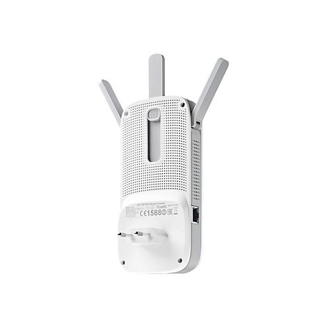 Drahtloser WLAN-Repeater, weiß. Drei Antennen stehen ab. Unten ist ein Stecker zu sehen.