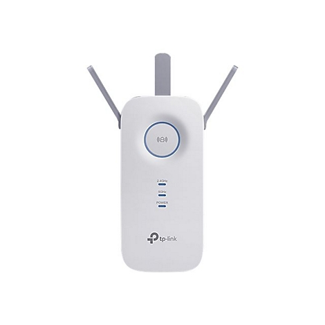 Weißer WLAN-Repeater mit grauen Antennen und blauen LEDs. Logo von TP-Link.