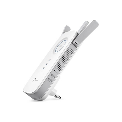 Ein weißer TP-Link WLAN-Repeater mit drei Antennen, einer Reset-Taste und LED-Anzeigen, zeigt die Steckdose.