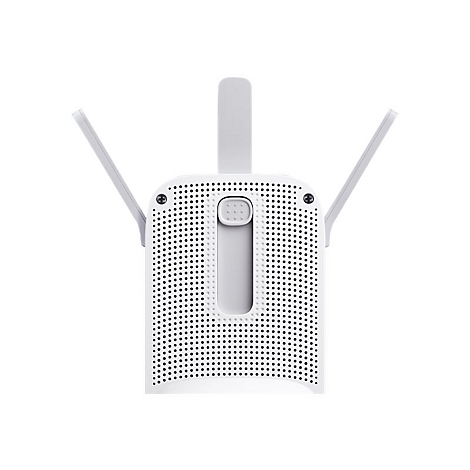 Weißer WLAN-Repeater mit zwei ausklappbaren Antennen und gelochter Oberfläche vor weißem Hintergrund.