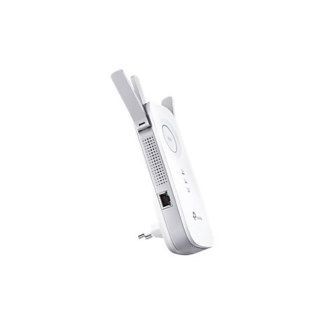 Weißer WLAN-Repeater mit drei Antennen, Stecker und Ethernet-Anschluss. Das Gerät ist vor weißem Hintergrund abgebildet.