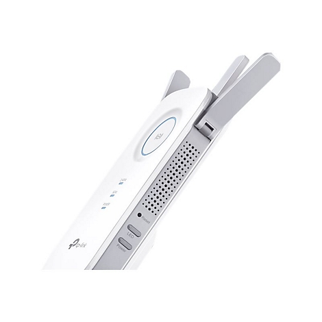 Weißer WLAN-Repeater mit drei Antennen, einem blauen Kreis und blauen Status-LEDs. Aufdruck: tp-link, Reset, LED, Power.