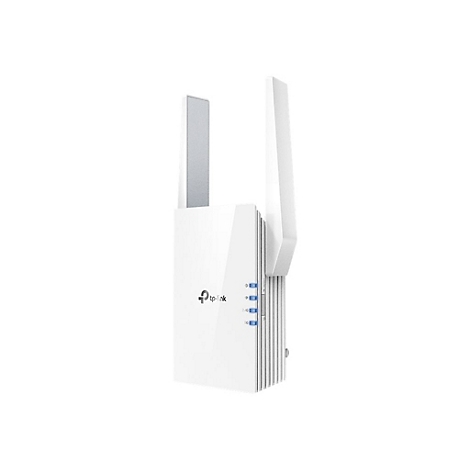 Weißer TP-Link WLAN-Repeater mit zwei Antennen vor weißem Hintergrund.
