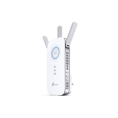 WLAN-Repeater von TP-Link. Weißes Gehäuse mit ausklappbaren Antennen. Blaue LED-Anzeigen für Status, Netzteil und 2,4/5 GHz. Stecker integriert.