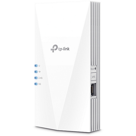 Weißer WLAN-Repeater von TP-Link. An der Seite: Reset- und WPS-Taste, LAN-Anschluss. Leuchtende LEDs zeigen Status an.