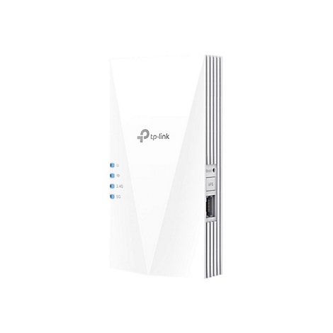 Weißer TP-Link WLAN-Repeater mit leuchtenden blauen Status-LEDs und seitlichem LAN-Anschluss.