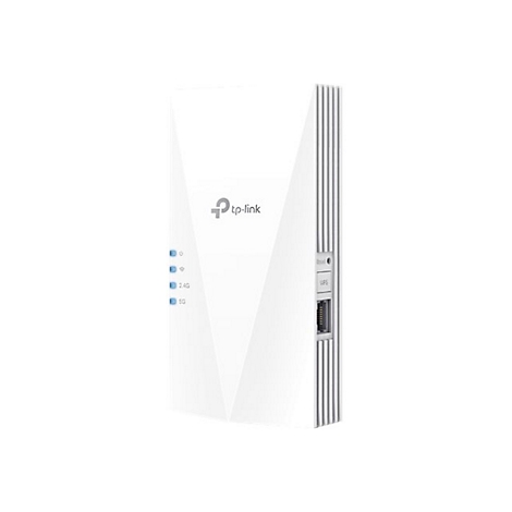 Weißer TP-Link WLAN-Repeater mit LEDs und Anschlüssen. Logo und Bezeichnung auf der Oberfläche.