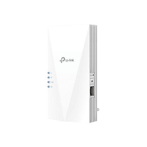 Un répéteur Wi-Fi TP-Link blanc avec le logo, des voyants, des ports et des boutons.