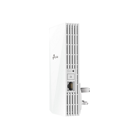 Weißer TP-Link WLAN-Repeater im Seitenansicht mit Steckdose und Reset-Knopf.