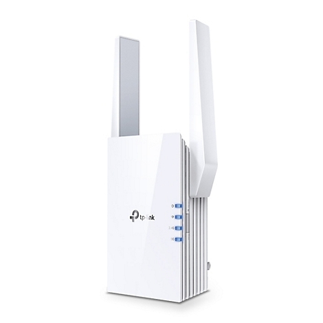 Weißer WLAN-Repeater mit zwei Antennen. Auf der Vorderseite stehen die Bezeichnungen "tp-link" und "2.4G" und "5G".