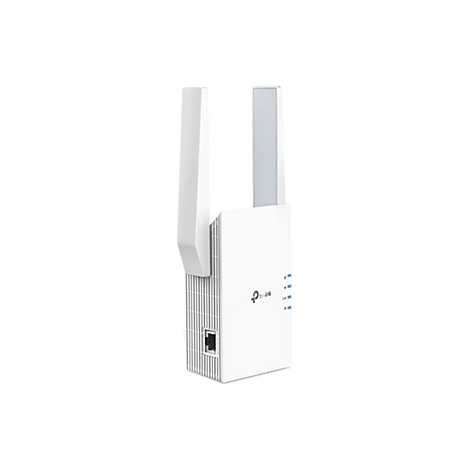 Weißer TP-Link WLAN-Repeater mit zwei Antennen und seitlichem LAN-Anschluss vor neutralem Hintergrund.