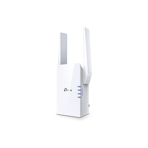 Weißer TP-Link WLAN-Repeater mit zwei ausklappbaren Antennen und leuchtend blauen Status-LEDs auf weißem Hintergrund.
