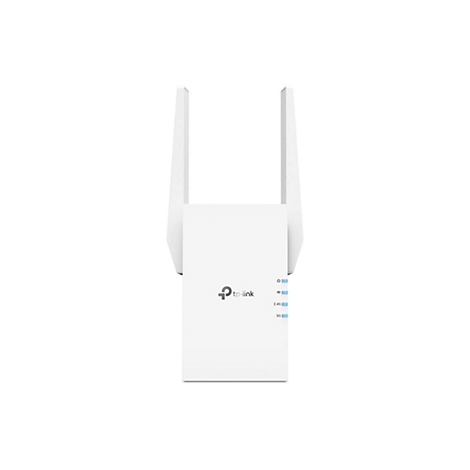 Weißer TP-Link WLAN-Repeater mit zwei Antennen und vier blauen Status-LEDs auf weißem Grund.