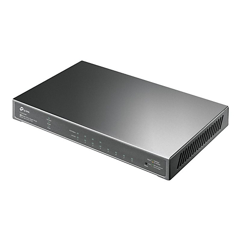 Grauer Netzwerk-Switch, von TP-Link, auf weißem Hintergrund. Vorne Leuchten und Anschlüsse, oben glatt.