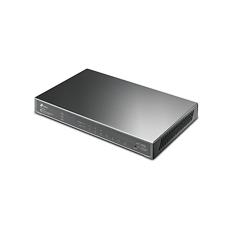 Grauer Netzwerk-Switch, Marke TP-Link, auf weißem Hintergrund.