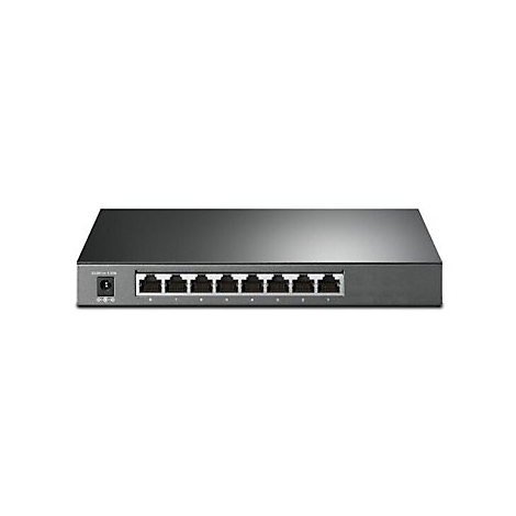 Schwarzer Netzwerk-Switch mit 8 Ports und Stromanschluss.