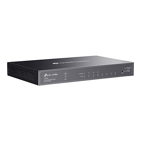 Schwarzer TP-Link Omada 8-Port Gigabit Smart Switch. Mit Ports, Statusanzeigen und Beschriftung.