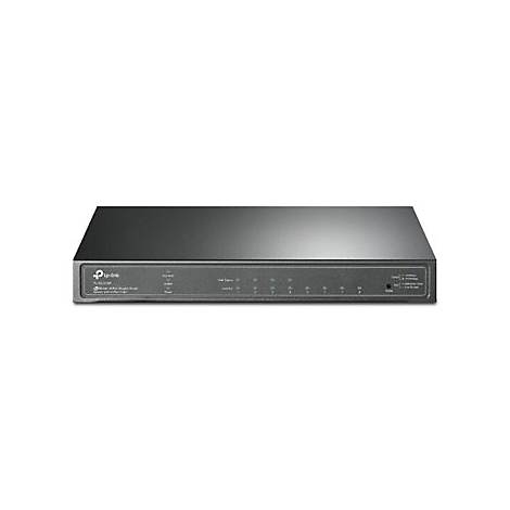 Schwarzer TP-Link Router mit Kontrollleuchten, Frontalansicht.
