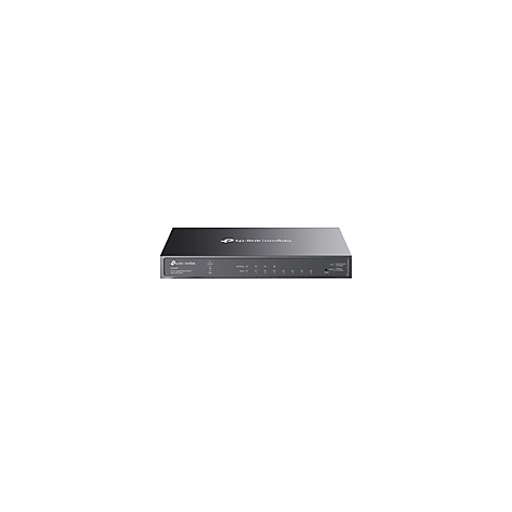 Ein schwarzer TP-Link Switch, der flach auf einer Oberfläche liegt. Auf der Vorderseite sind Anschlüsse und Kontrollleuchten zu sehen.
