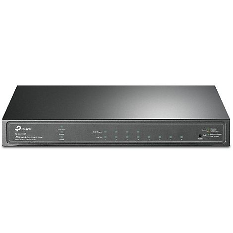 Schwarzer Netzwerk-Switch von TP-Link. Vorne: Anschlüsse, Leuchten und Schriftzüge. Rechts: Reset-Knopf.