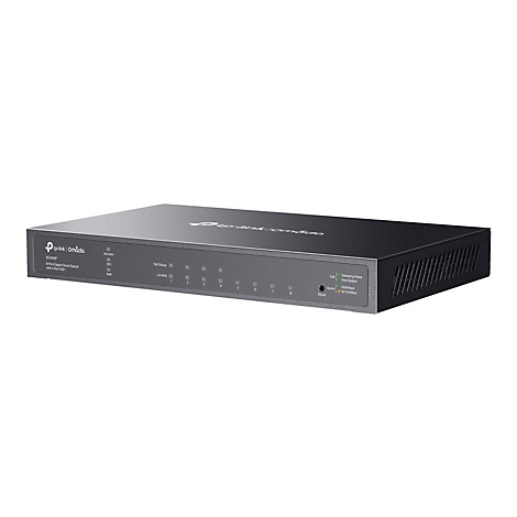 Schwarzer Netzwerk-Switch von TP-Link Omada. Zeigt Anschlüsse, LEDs und Beschriftungen.