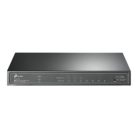 Schwarzer Netzwerk-Switch von TP-Link. Er hat acht Ports und eine Reihe von Anzeigen.